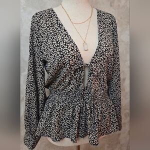 Anamá Black Floral Tie Front Peplum Blouse Boho Long Sleeve Rayon Top Size L
